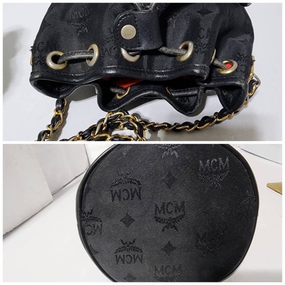 Authentic MCM Vintage Nylon Visetos Chain Bucket Drawstring Bag Black - Picture 4 of 13